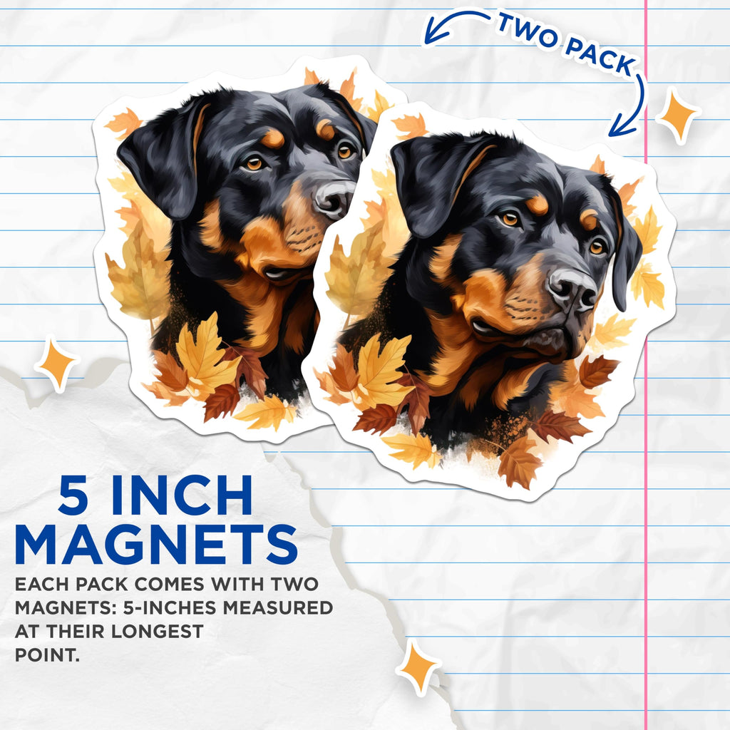 (2 Pack) Rottweiler Magnets - Autumn Fall Leaves Dog Art - Canine Pet Lover Decor - 5 Inches On Longest Side - Thick Durable Magnet - Made in USA - MAG24633