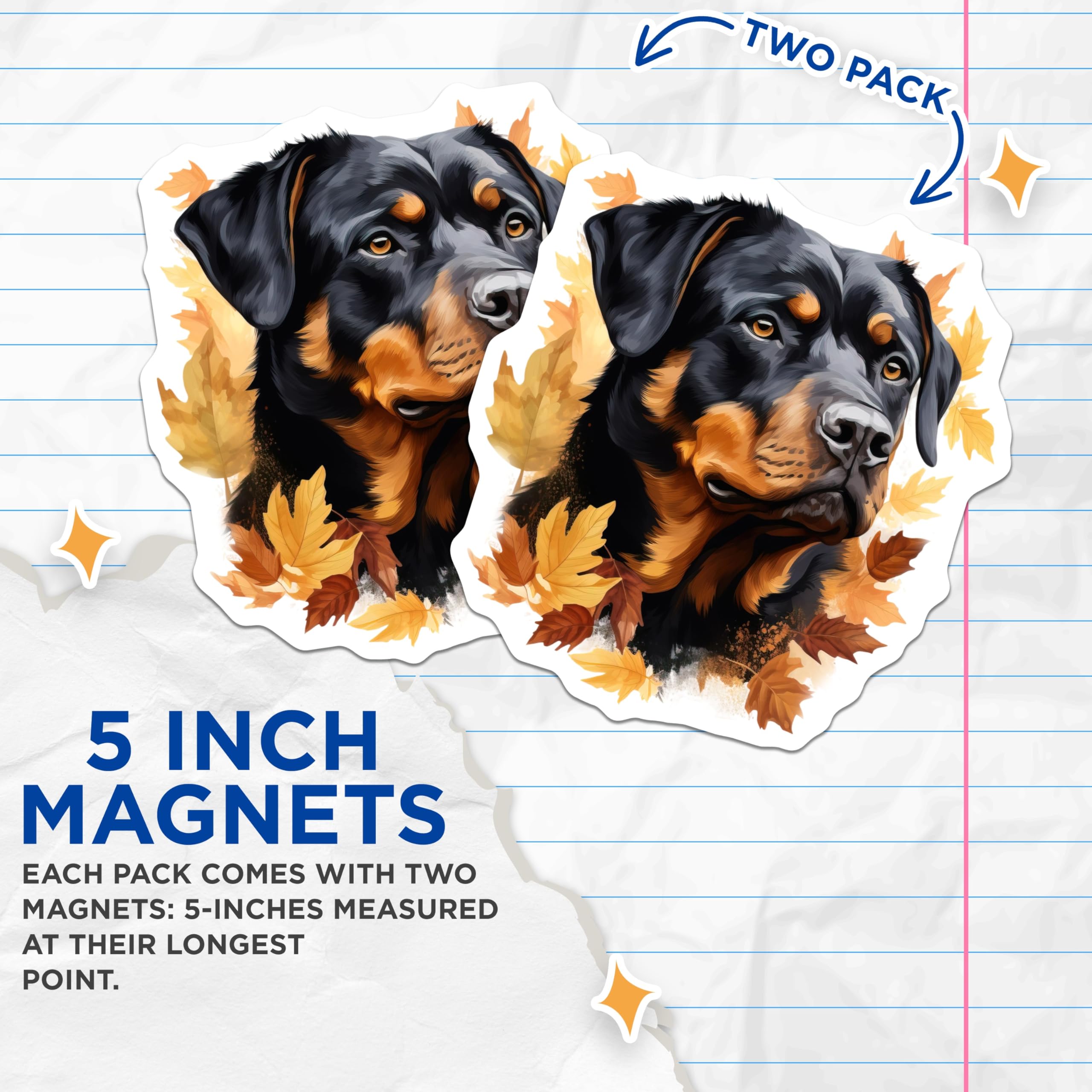 (2 Pack) Rottweiler Magnets - Autumn Fall Leaves Dog Art - Canine Pet Lover Decor - 5 Inches On Longest Side - Thick Durable Magnet - Made in USA - MAG24633