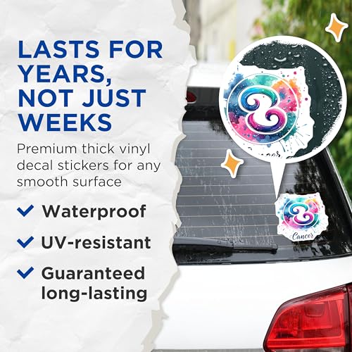 (2 Pack) Cancer Zodiac Sign Stickers - Astrology Watercolor Art - Horoscope Symbol Decal - 5" On Longest Side - Sticks to Smooth Flat Surfaces - Made in USA - BMCS7032