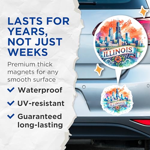 (2 Pack) Illinois Skyline Magnets - Chicago Cityscape - Vibrant Illinois Souvenir - Decorative Illinois Fridge Magnets - 5" On Longest Side - for Cars, Fridges, Toolboxes - Made in USA - MAG7007