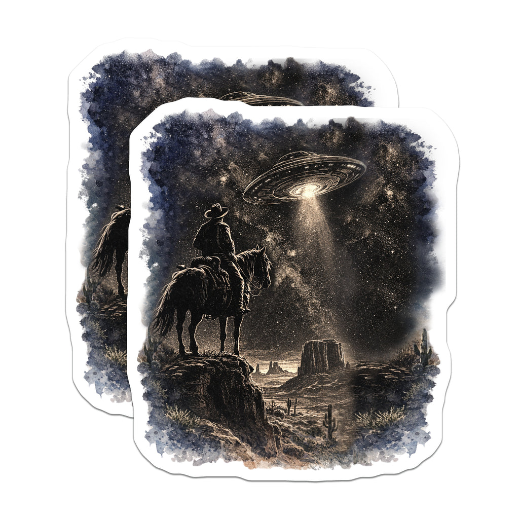 (2 Pack) UFO Cowboy Magnets - Alien Abduction Art - Western Sci Fi Decor - Mysterious Desert Night Sky - Cosmic Cowboy Scene - 5 Inches On Longest Side - Thick Durable Magnet - Made in USA - MAG39096