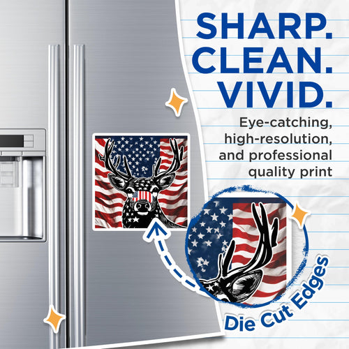 (2 Pack) American Flag Deer Magnets - Patriotic Hunter Wildlife Decor - USA Stag Antler Emblem - Independence Day Pride - 5 Inches On Longest Side - Thick Durable Magnet - Made in USA - MAG19818