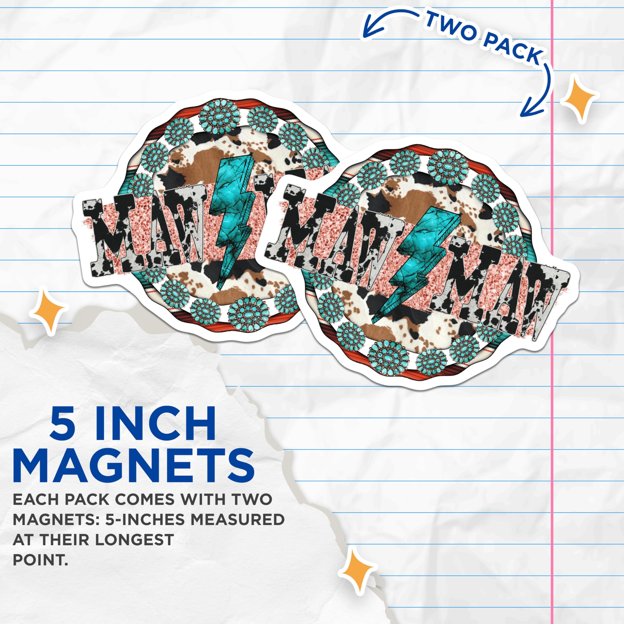 (2 Pack) Maw Maw Magnets - Cowhide Turquoise Concho Design - Western Country Lightning Bolt Decor - 5 Inches On Longest Side - Thick Durable Magnet - Made in USA - MAG24855