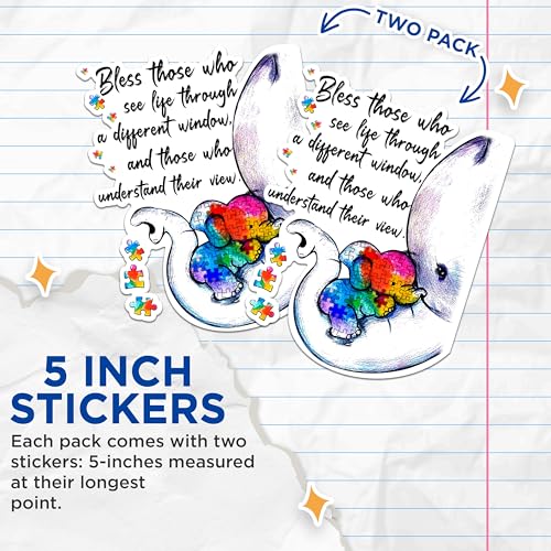 (2 Pack) Inspirational Autism Awareness Stickers - Elephant Heart Puzzle Stickers - Motivational Decal for Support - 5" On Longest Side - Sticks to Any Smooth Flat Surface - Made in USA - BMCS2572