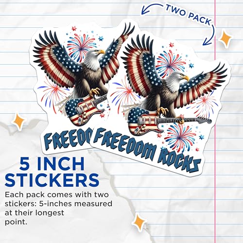(2 Pack) Freedom Rocks Stickers - Patriotic Eagle Playing Guitar - Fireworks Celebration - 5" On Longest Side - Sticks to Smooth Flat Surfaces - Made in USA - BMCS7414