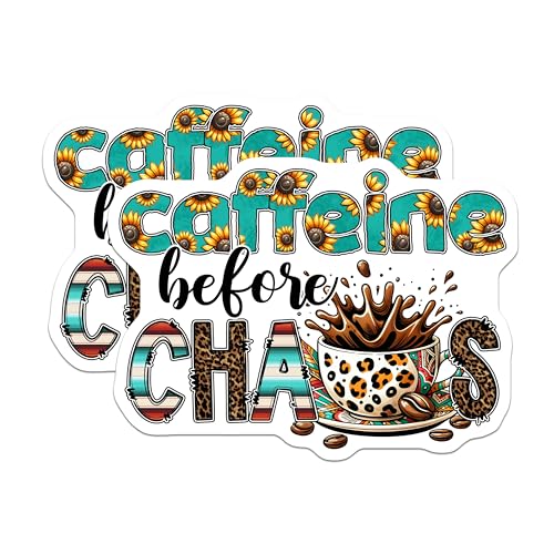 (2 Pack) Caffeine Before Chaos Stickers - Coffee Quote - Fun Laptop - Decorative Office Supplies - 5" On Longest Side - Sticks to Smooth Flat Surfaces - Made in USA - BMCS7533