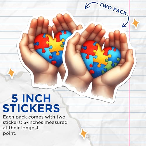 (2 Pack) Puzzle Heart Stickers - Autism Awareness - Bright Colorful Design - 5" On Longest Side - Sticks to Smooth Flat Surfaces - Made in USA - BMCS6393