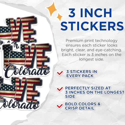 (3 Pack) Colorado Decals - Patriotic Stickers - American Flag Decal - 3 Inches On Longest Side - Easy Peel & Apply - Made in USA - 3MCS0297