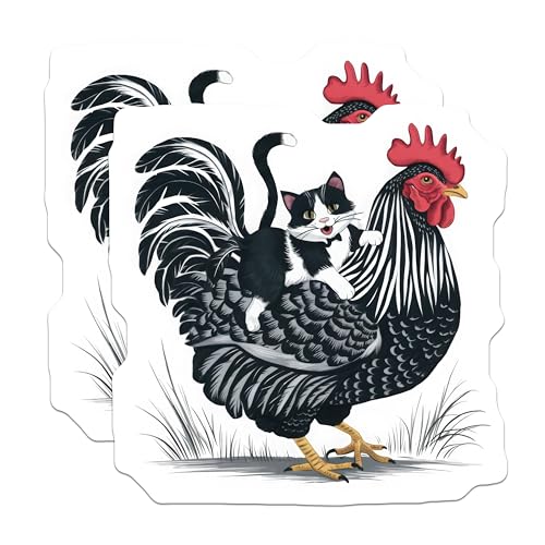 (2 Pack) Funny Chicken and Cat Stickers - Hilarious Farm Animal Decals - Quirky Pet Themed Stickers - 5" On Longest Side - Sticks to Smooth Flat Surfaces - Made in USA - BMCS5828
