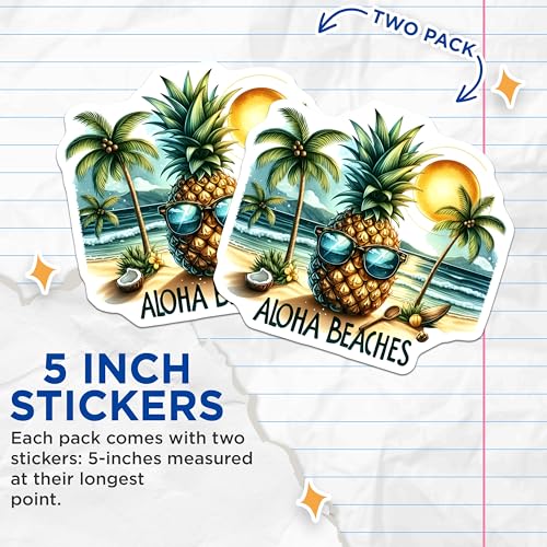 (2 Pack) Aloha Beaches Stickers - Tropical Pineapple Sticker - Beach Vacation Sticker - Summer Vibes Sticker - 5" On Longest Side - Sticks to Smooth Flat Surfaces - Made in USA - BMCS6252