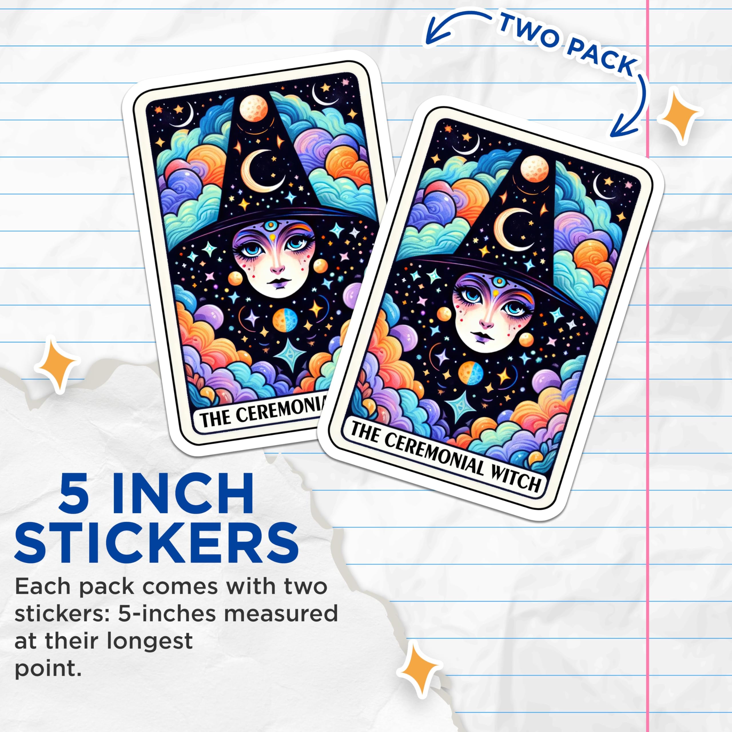 (2 Pack) Ceremonial Witch Art Stickers - Mystical Witch Hat Sticker - Celestial Witch Face Decal - 5" On Longest Side - Sticks to Smooth Flat Surfaces - Made in USA - BMCS5368