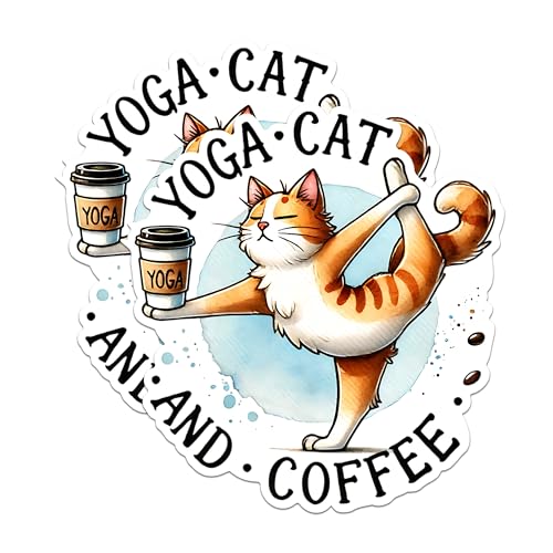 (2 Packs) Yoga Cat and Coffee Stickers - Cat Mom Cat Dad Cat Lover Yoga Yogi Decals - 5 Inches On Longest Side - Premium Vinyl Decal - Sticks to Any Smooth Flat Surface - Made in USA - BMCS2418
