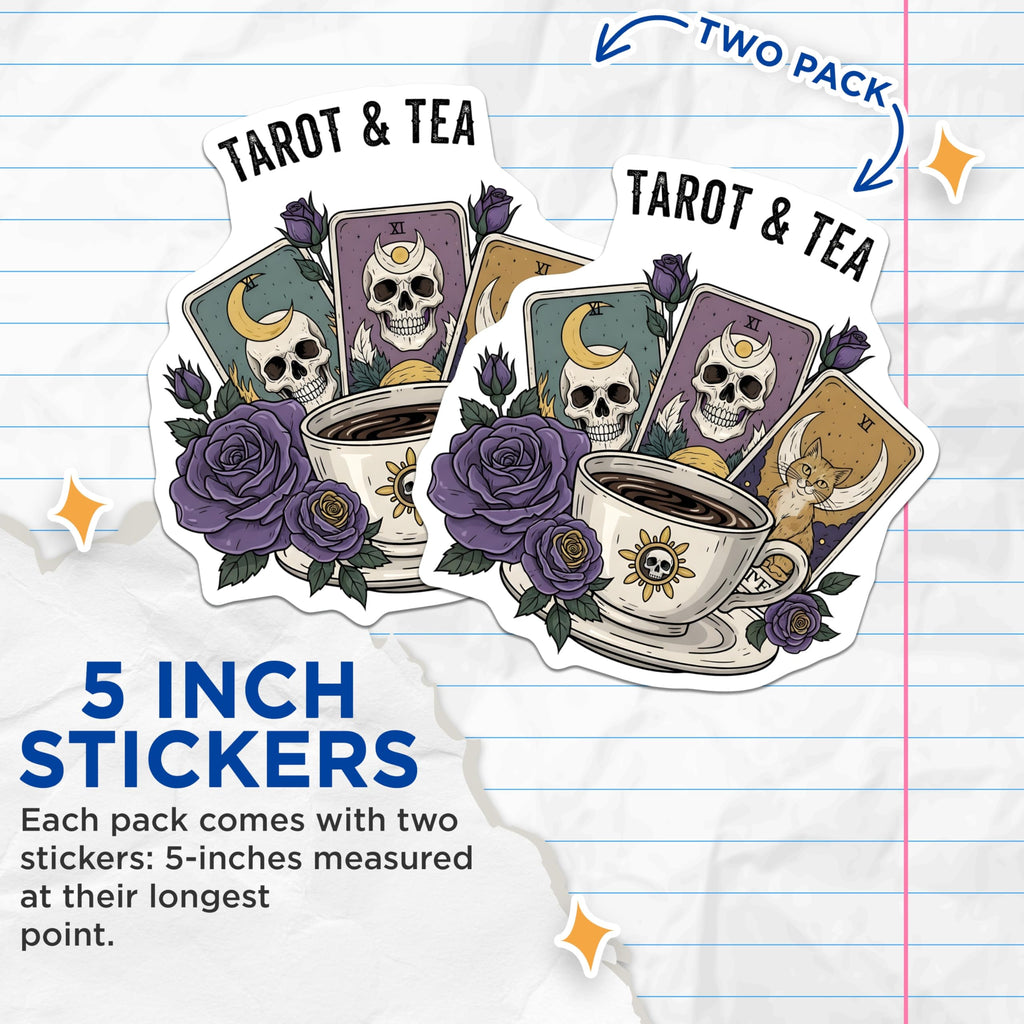 (2 Pack) Tarot and Tea Stickers - Mystical Sticker - Witchy Sticker - 5" On Longest Side - Sticks to Smooth Flat Surfaces - Made in USA - BMCS18137
