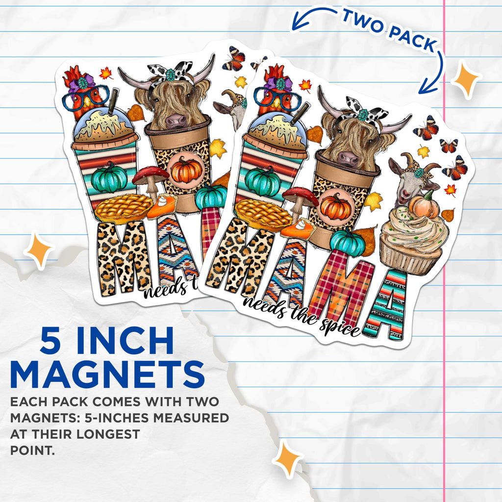 (2 Pack) Mama Needs Spice Magnets - Highland Cow Pumpkin Fall - Autumn Refrigerator Farmhouse Kitchen Decor - 5 Inches On Longest Side - Thick Durable Magnet - Made in USA - MAG30775