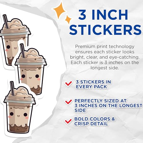(3 Pack) Kawaii Coffee Decals - Iced Coffee - Cute Drink - 3 Inches On Longest Side - Easy Peel & Apply - Made in USA - 3MCS1046