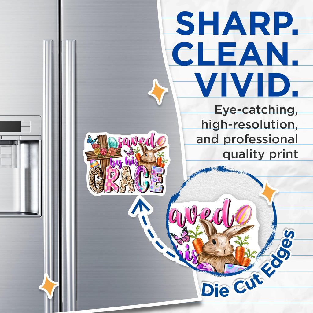 (2 Pack) Christian Easter Magnets - Saved By His Grace Decor - Religious Spring Refrigerator Art for Faith Home - 5 Inches On Longest Side - Thick Durable Magnet - Made in USA - MAG28658
