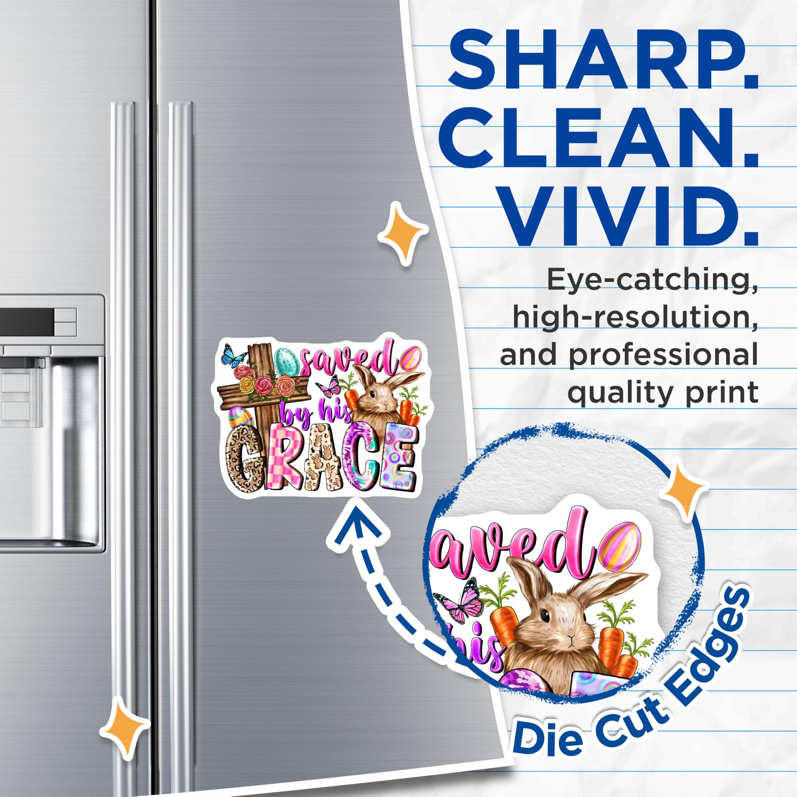 (2 Pack) Christian Easter Magnets - Saved By His Grace Decor - Religious Spring Refrigerator Art for Faith Home - 5 Inches On Longest Side - Thick Durable Magnet - Made in USA - MAG28658