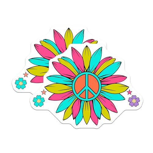 (2 Pack) Peace Sign Flower Stickers - Colorful Hippie Flower - Retro Peace Symbols - 5" On Longest Side - Sticks to Smooth Flat Surfaces - Made in USA - BMCS9111