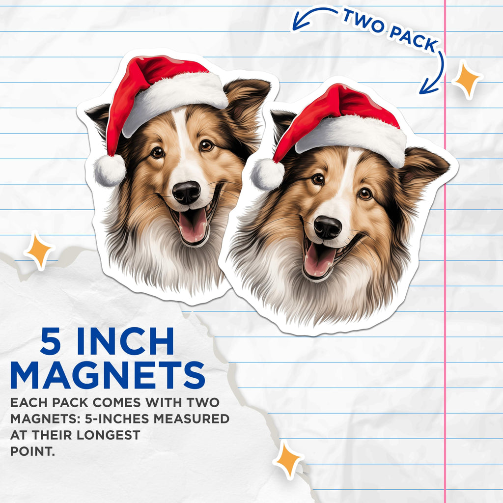 (2 Pack) Christmas Sheltie Magnets - Santa Hat Dog Collie Decoration - Festive Pet Lover Refrigerator Accessory - 5 Inches On Longest Side - Thick Durable Magnet - Made in USA - MAG23742
