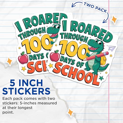 (2 Pack) 100 Days of School Stickers - Fun Dinosaur School Stickers - Cute Classroom Celebration Stickers - 5" On Longest Side - Sticks to Any Smooth Flat Surface - Made in USA - BMCS3502