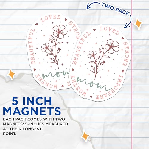 (2 Pack) Mom Strong Loved Important Magnets - Beautiful Worthy Magnets - Mother's Day Flower Decor Magnets - 5" On Longest Side - for Cars, Fridges, Toolboxes - Made in USA - MAG6858