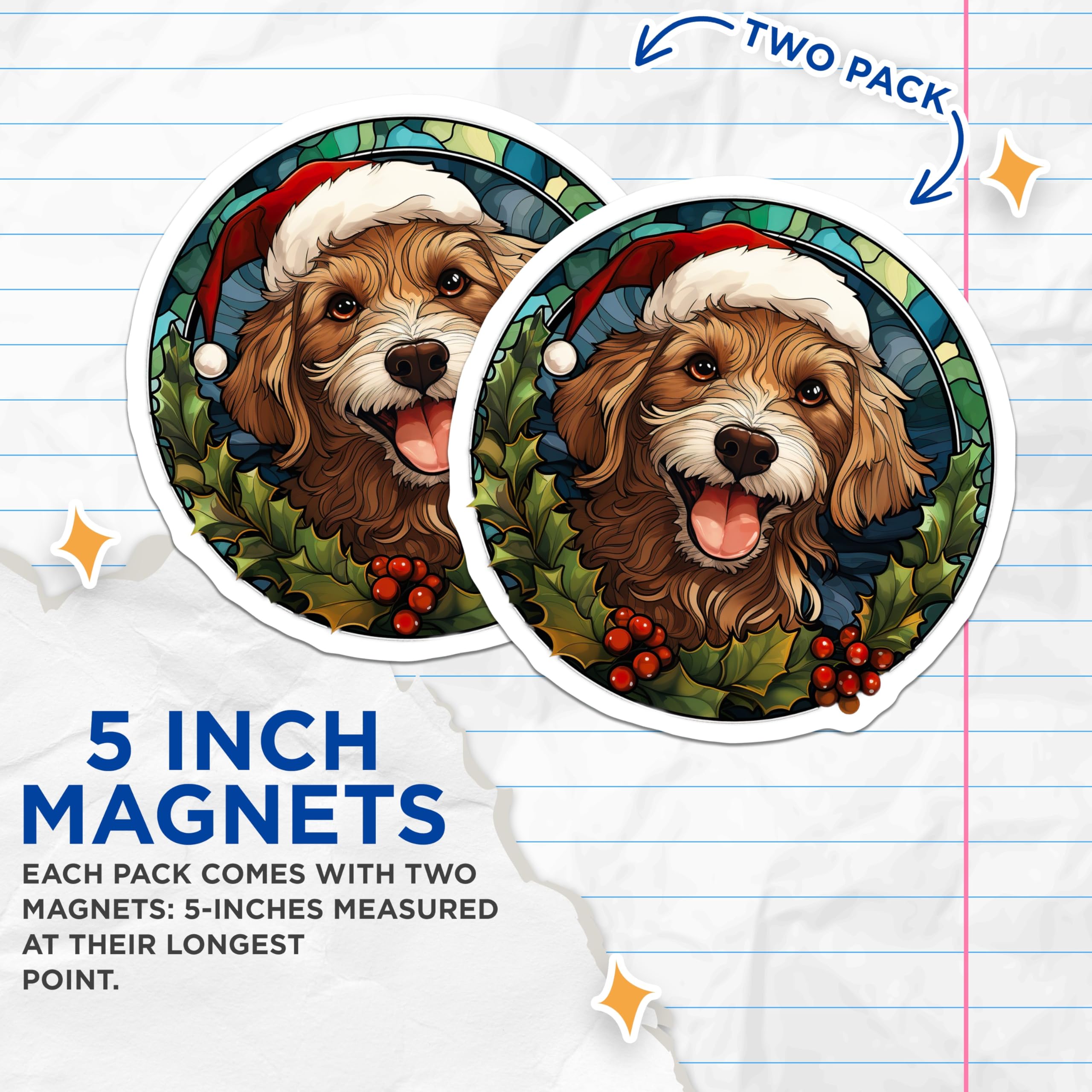 (2 Pack) Christmas Dog Magnets - Santa Hat Puppy Stained Glass Style - Holiday Pet Decor Refrigerator Locker Office Fun - 5 Inches On Longest Side - Thick Durable Magnet - Made in USA - MAG29803