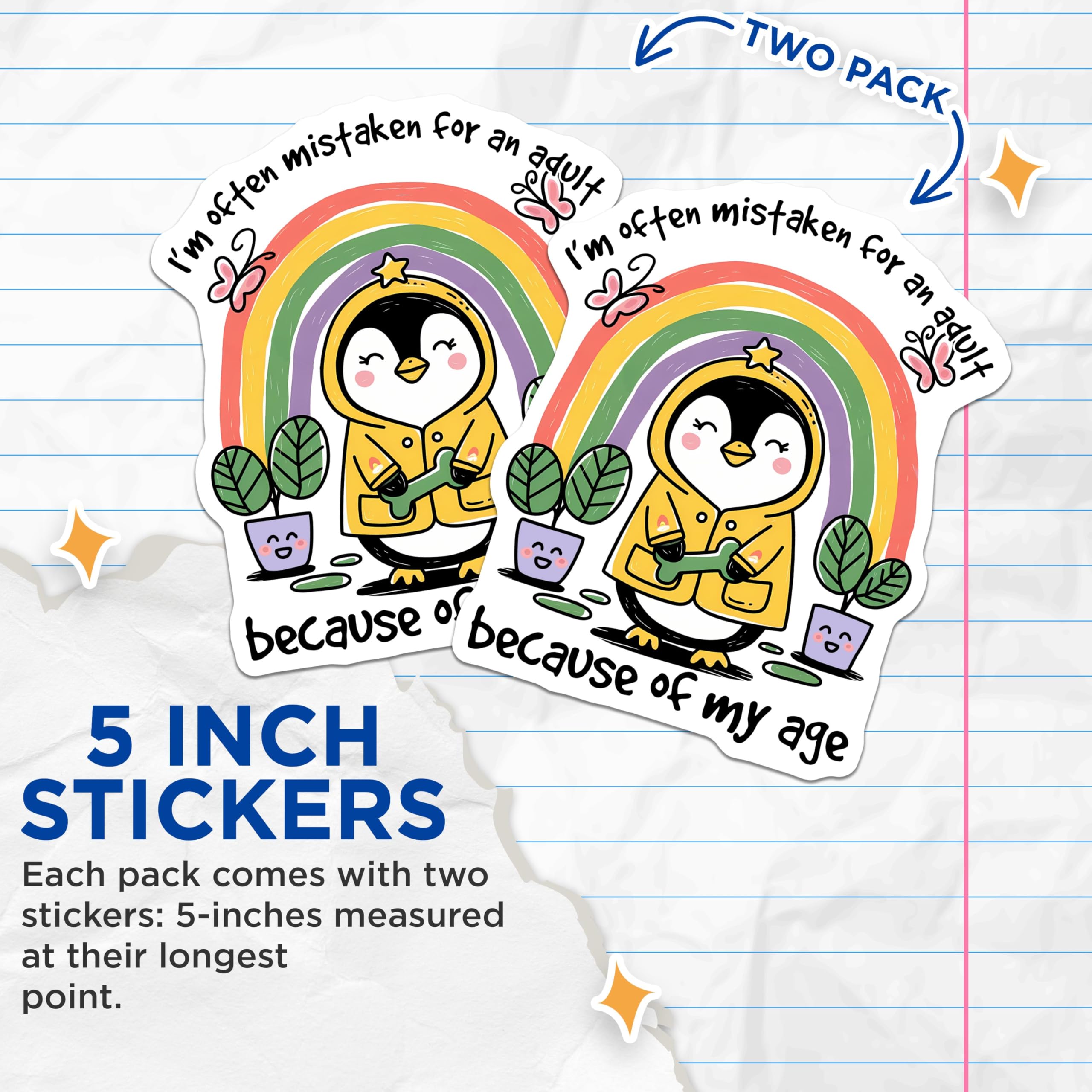 (2 Pack) Cute Penguin Stickers - I'm Often Mistaken for an Adult Stickers - Rainbow Penguin Stickers - 5" On Longest Side - Sticks to Any Smooth Flat Surface - Made in USA - BMCS3306