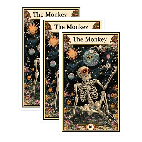(3 Pack) Monkey Tarot Card Decals - Skeletal Artwork - Astrology Laptop Decals - 3 Inches On Longest Side - Easy Peel & Apply - Made in USA - 3MCS2479