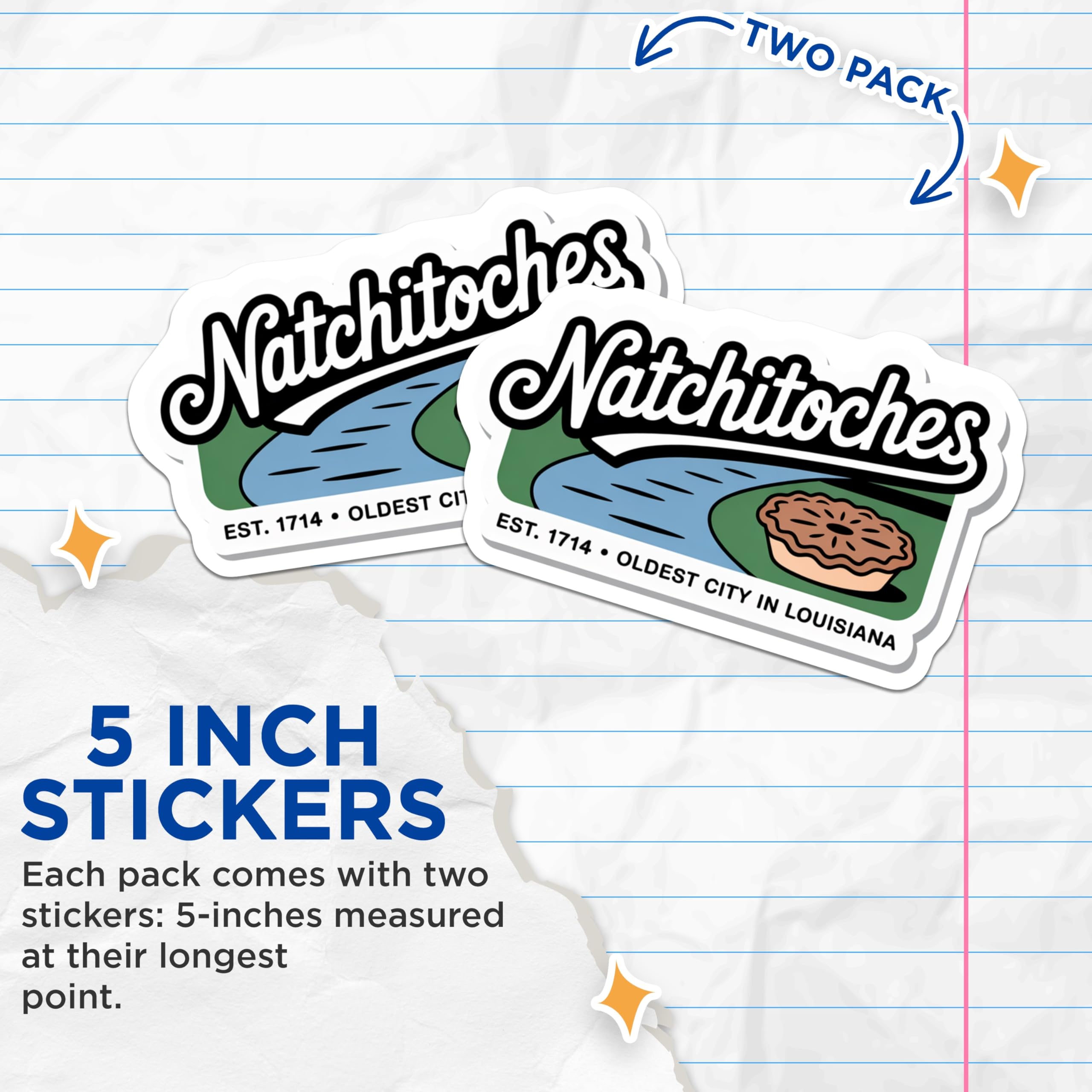 (2 Pack) Natchitoches Louisiana Stickers - Oldest City - Sweet Potato Pie - 5" On Longest Side - Sticks to Smooth Flat Surfaces - Made in USA - BMCS18161