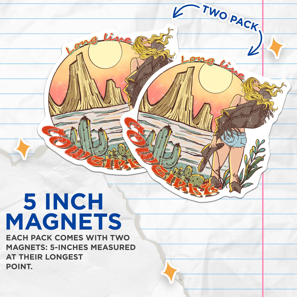 (2 Pack) Cowgirl Magnets - Long Live Cowgirls Retro Desert Art - Western Boho Refrigerator Decoration - 5 Inches On Longest Side - Thick Durable Magnet - Made in USA - MAG36930