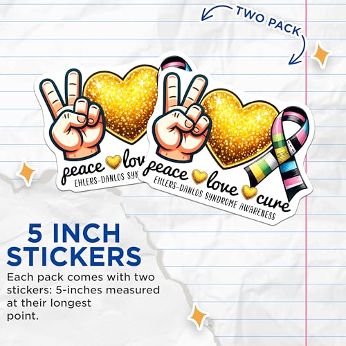 (2 Pack) Ehlers Danlos Syndrome Awareness Stickers - Peace Love Cure - Medical Ribbon Pack - 5" On Longest Side - Sticks to Smooth Flat Surfaces - Made in USA - BMCS8203