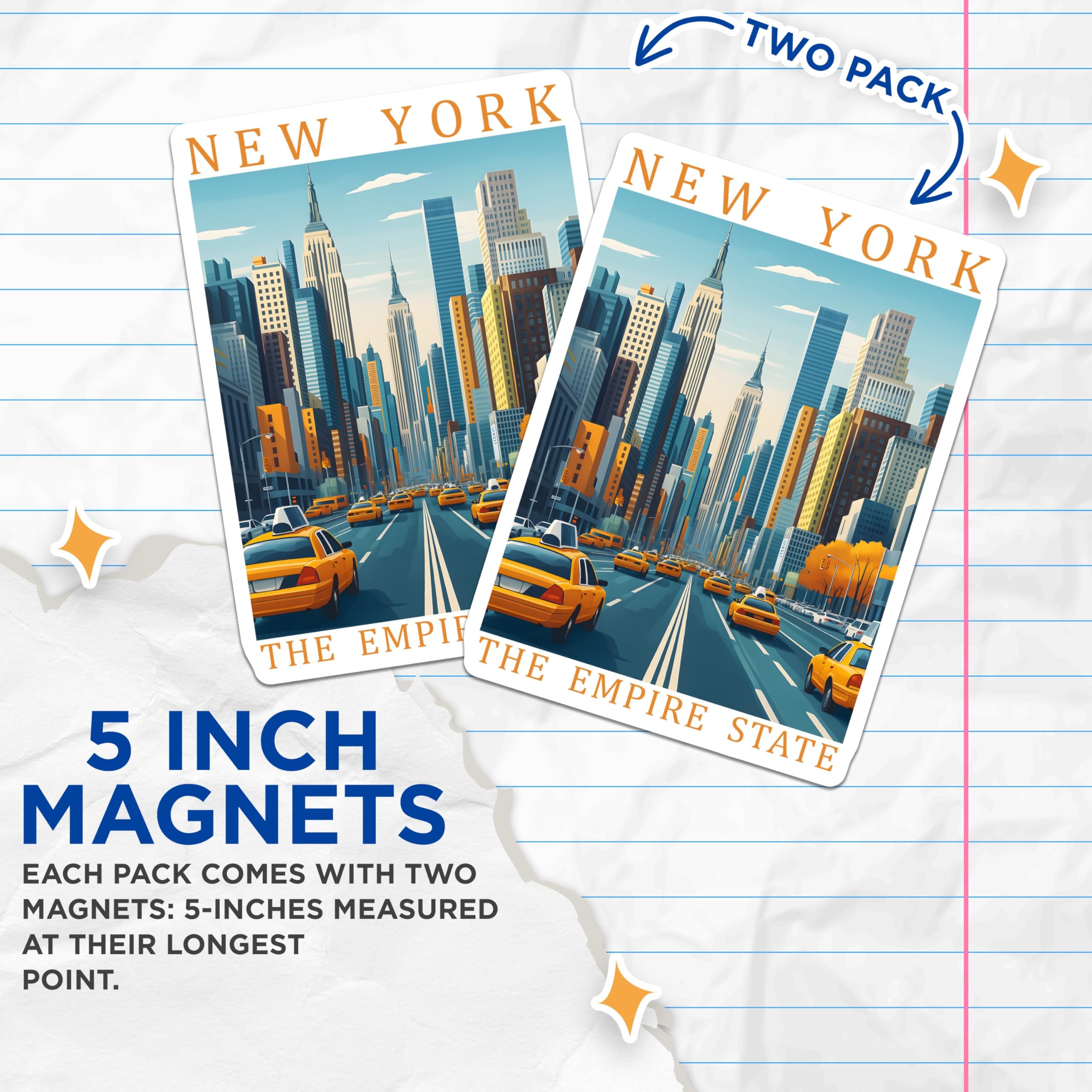 (2 Pack) New York City Magnets - Empire State Building Decor - NYC Taxi Cab - 5" On Longest Side - Premium Magnet - for Cars, Refrigerators, Toolboxes, Lockers - Made in USA - MAG18783