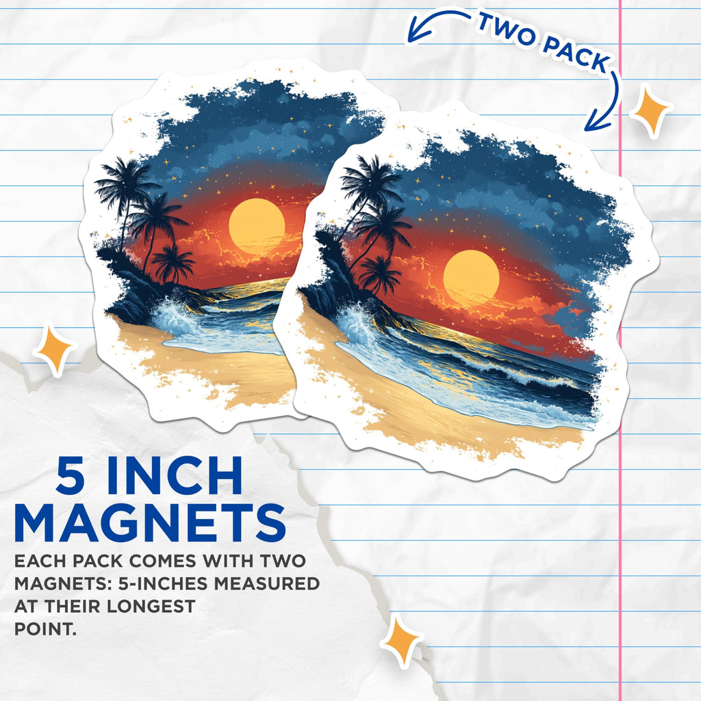 (2 Pack) Tropical Sunset Magnets - Beach Ocean Waves - Palm Tree Coastal Decor Fridge Magnets - 5 Inches On Longest Side - Thick Durable Magnet - Made in USA - MAG30953