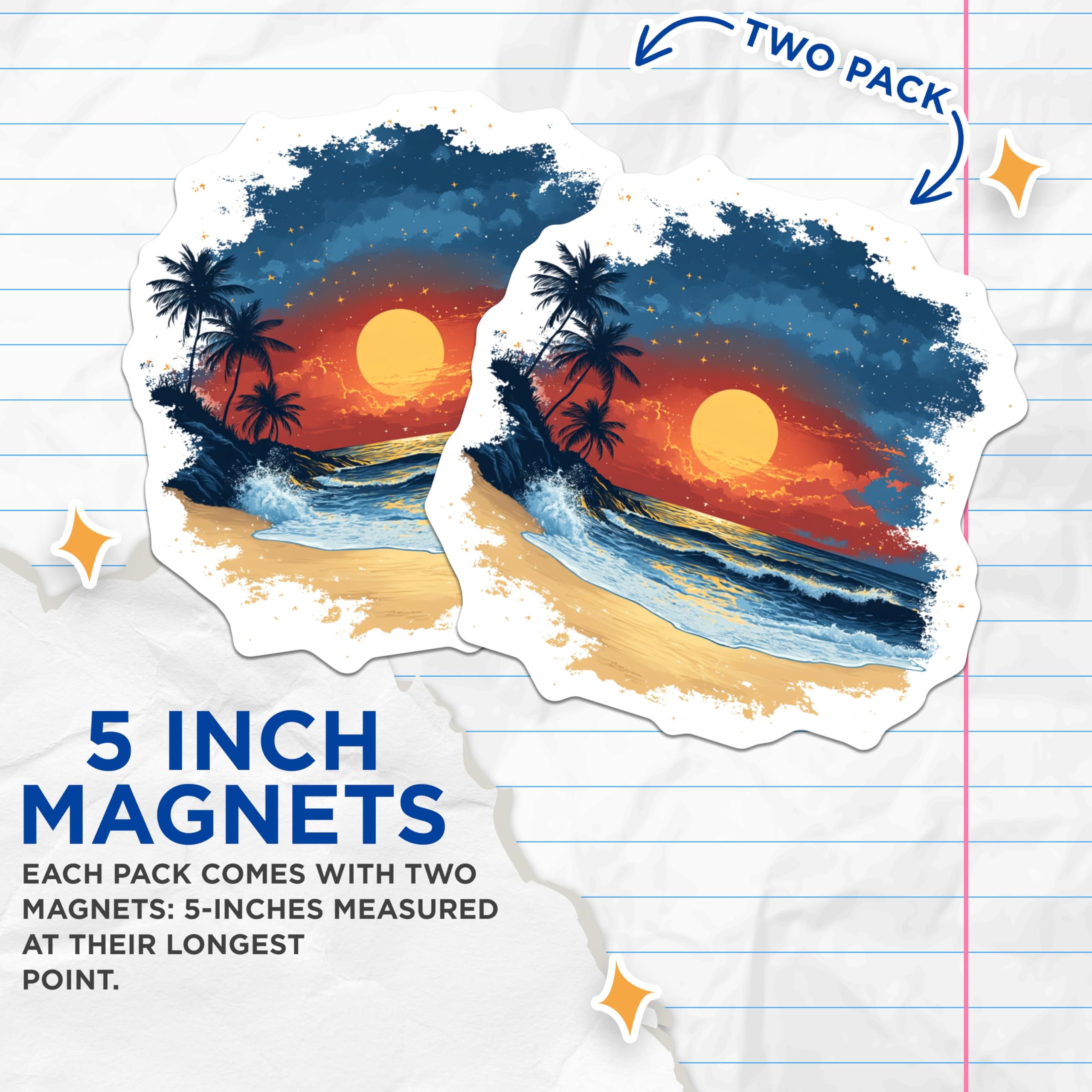 (2 Pack) Tropical Sunset Magnets - Beach Ocean Waves - Palm Tree Coastal Decor Fridge Magnets - 5 Inches On Longest Side - Thick Durable Magnet - Made in USA - MAG30953