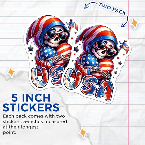 (2 Pack) Patriotic Skull Stickers - USA Flags - 4th of July Decor - 5" On Longest Side - Sticks to Smooth Flat Surfaces - Made in USA - BMCS7919