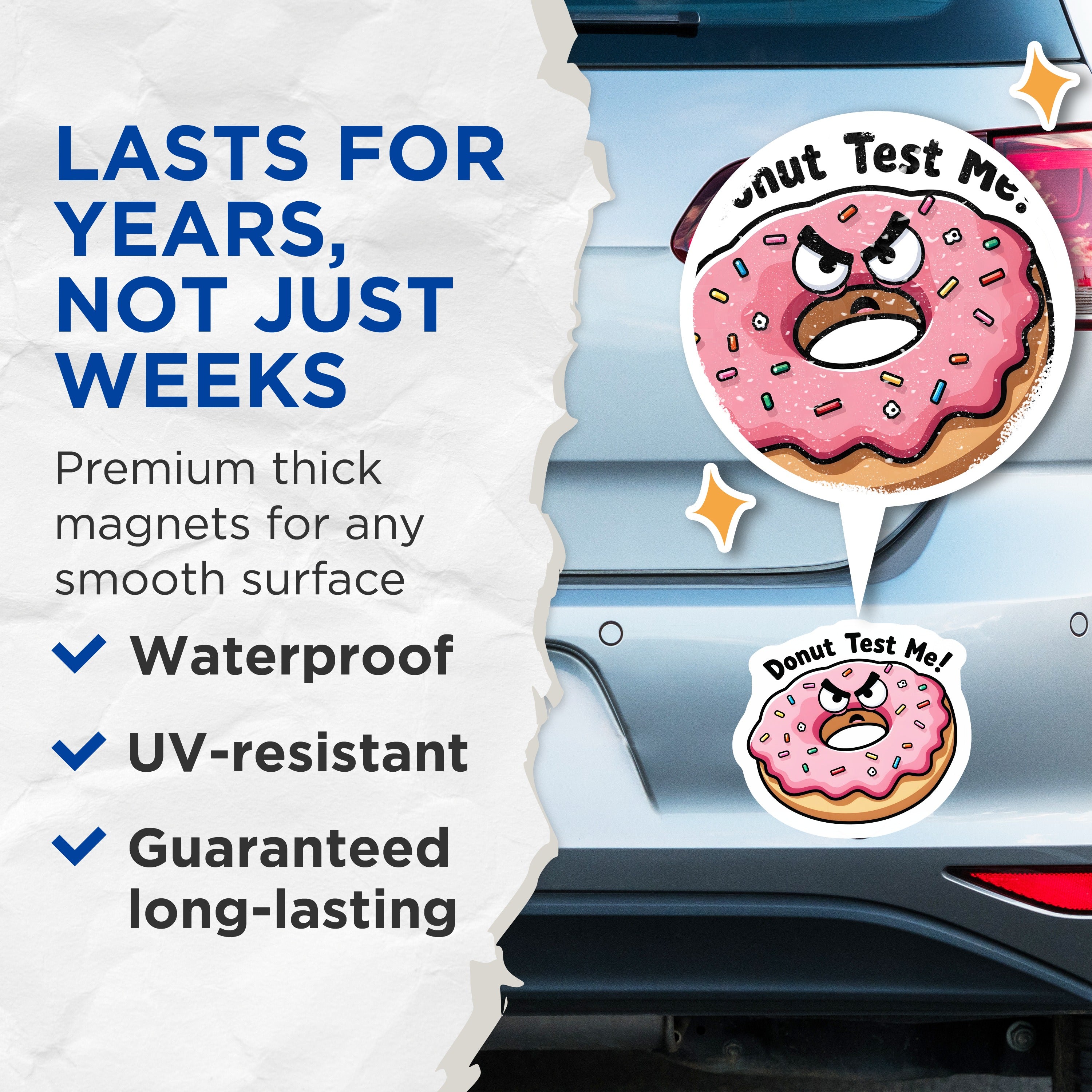 (2 Pack) Donut Test Me Magnets - Funny Donut Pun - Sarcastic Humor Foodie - Quirky Office Item - 5 Inches On Longest Side - Thick Durable Magnet - Made in USA - MAG37459