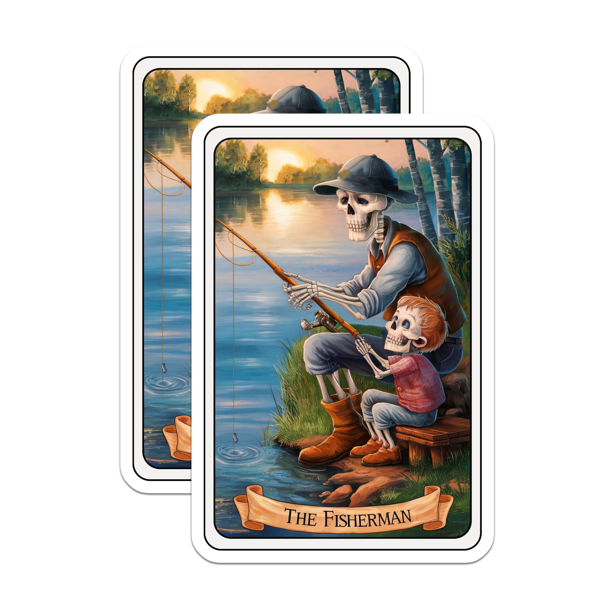 (2 Pack) The Fisherman Stickers - Skeleton Art Stickers - Fishing Skeleton Stickers for Water Bottles, Laptops - 5" On Longest Side - Sticks to Smooth Flat Surfaces - Made in USA - BMCS4457