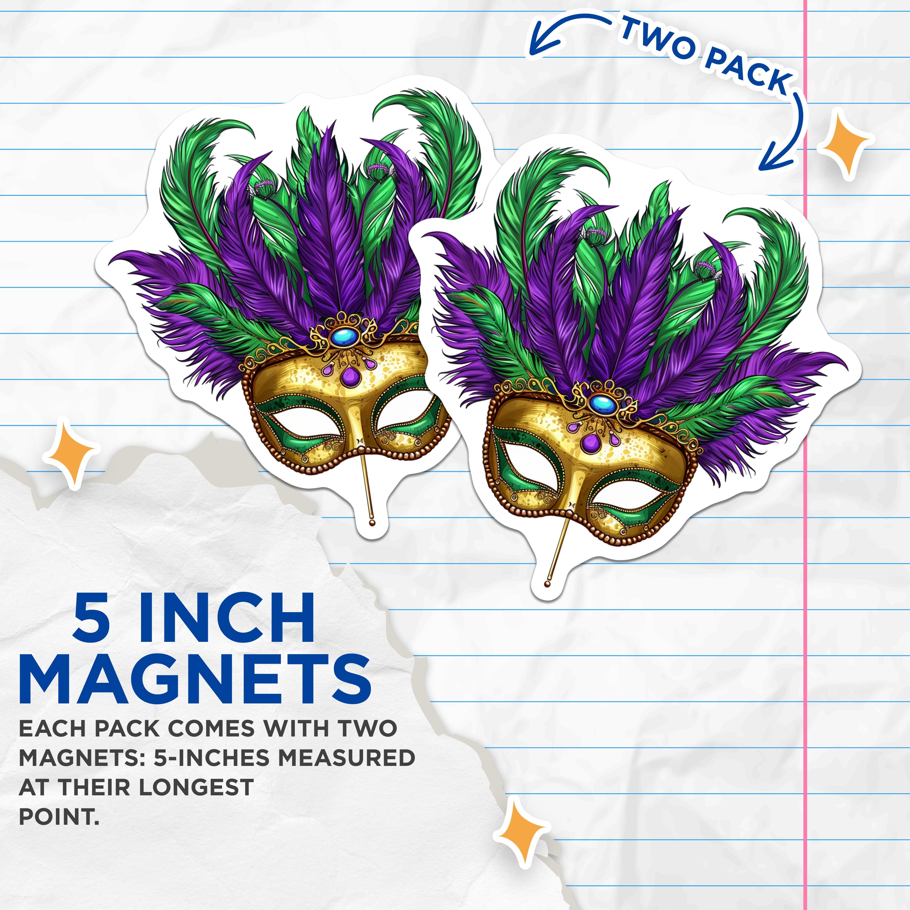 (2 Pack) Mardi Gras Mask Magnets - New Orleans Decor - Festive Party Favors - Masquerade Design Magnets - 5 Inches On Longest Side - Thick Durable Magnet - Made in USA - MAG39977