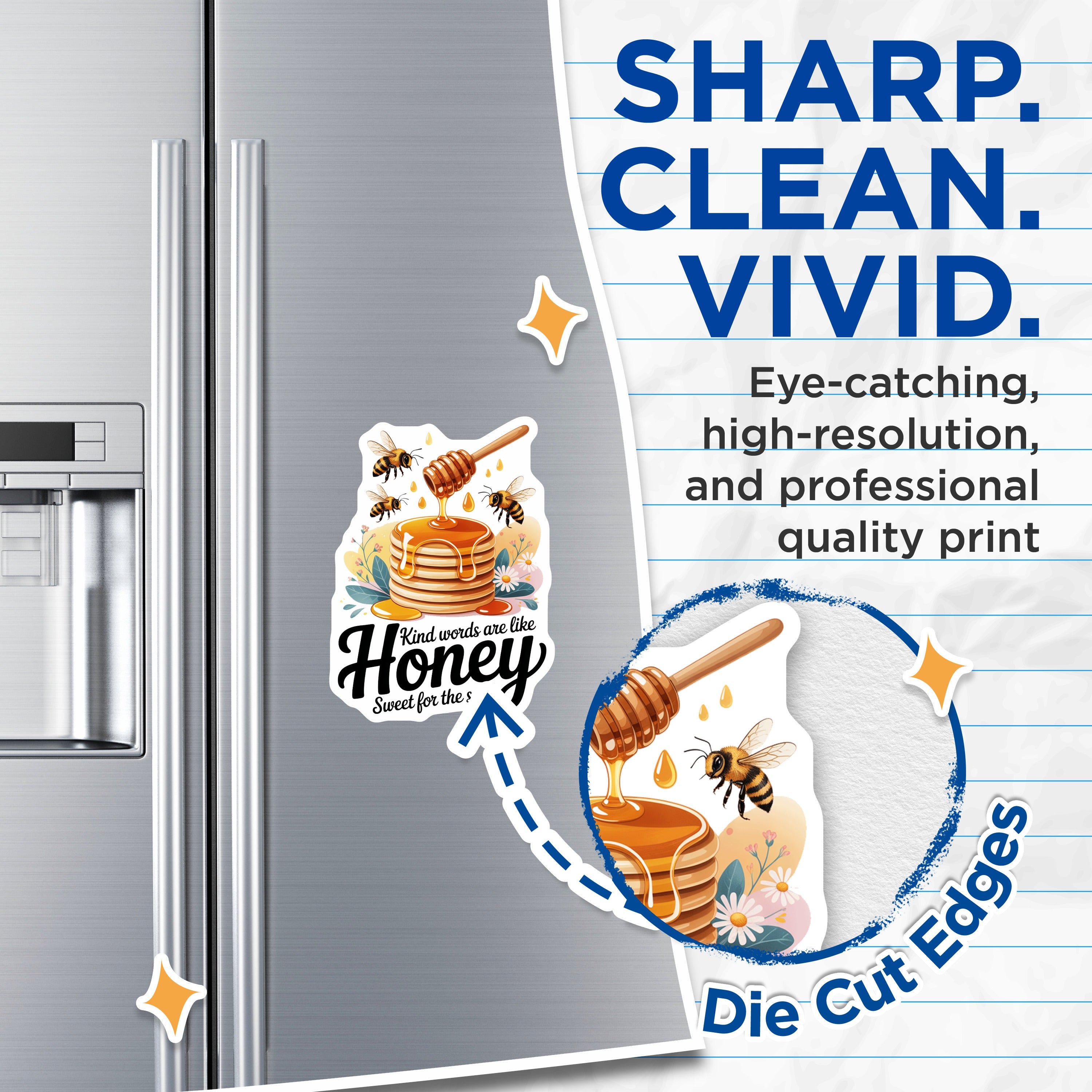 (2 Pack) Kind Words Honey Magnets - Sweet for the Soul Quote - Bee Pancake Kitchen Decor - Inspirational Fridge Decor - 5 Inches On Longest Side - Thick Durable Magnet - Made in USA - MAG36249