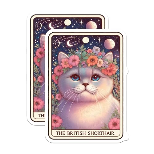 (2 Pack) Cute Cat Stickers - Floral Crown Kitten Stickers - British Shorthair Cat Stickers - 5" On Longest Side - Sticks to Smooth Flat Surfaces - Made in USA - BMCS4790