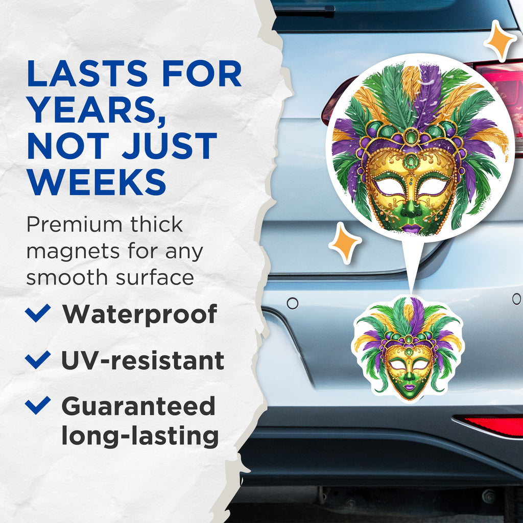(2 Pack) Mardi Gras Mask Magnets - New Orleans Decor - Fat Tuesday Celebration Art - 5 Inches On Longest Side - Thick Durable Magnet - Made in USA - MAG39010