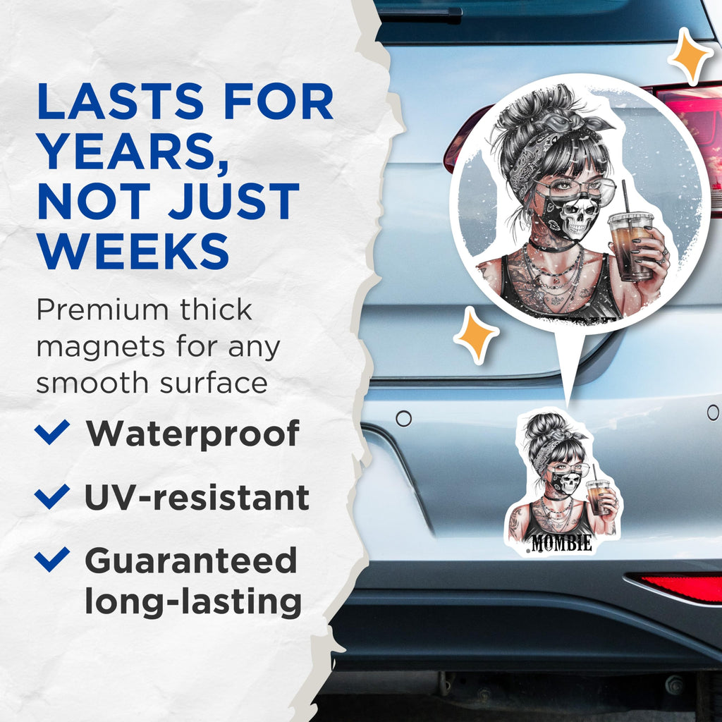 (2 Pack) Mombie Magnets - Messy Bun Mom Tattooed Skull Mask - Iced Coffee Mother's Day Decor - 5 Inches On Longest Side - Thick Durable Magnet - Made in USA - MAG23202