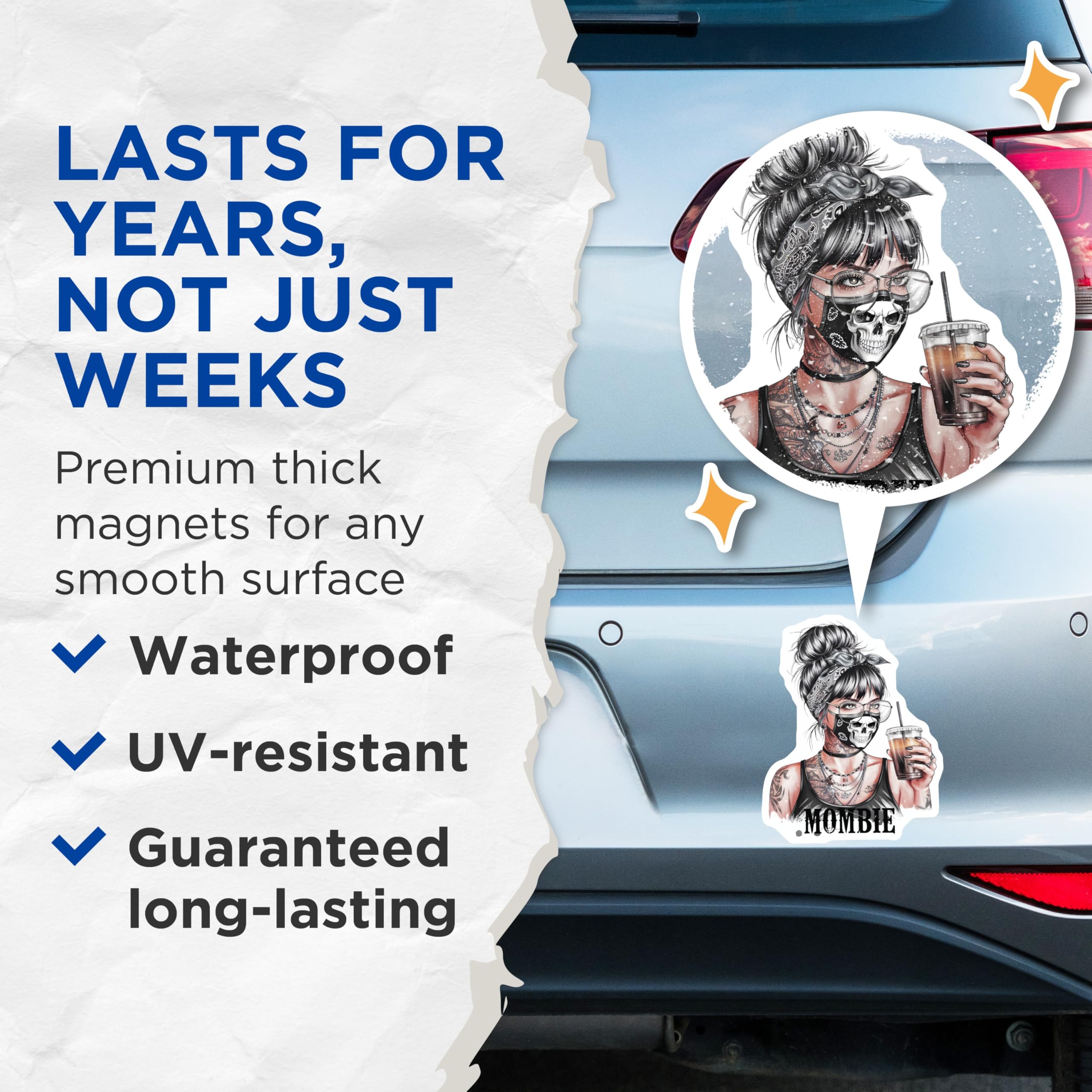 (2 Pack) Mombie Magnets - Messy Bun Mom Tattooed Skull Mask - Iced Coffee Mother's Day Decor - 5 Inches On Longest Side - Thick Durable Magnet - Made in USA - MAG23202