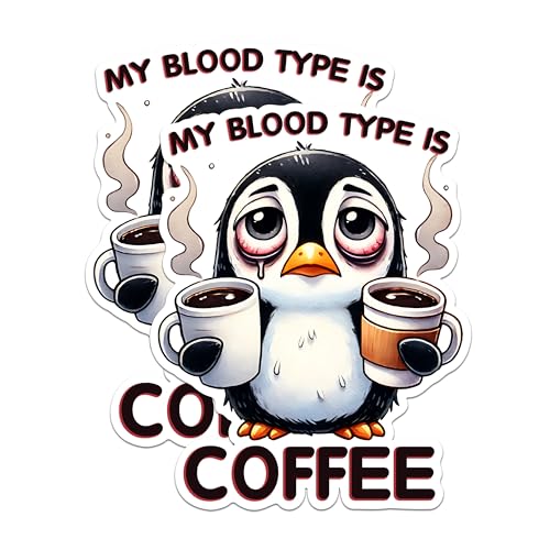 (2 Pack) Funny Penguin Stickers - Coffee Lover Stickers - Cute Animal Stickers for Laptop, Water Bottle - 5" On Longest Side - Sticks to Any Smooth Flat Surface - Made in USA - BMCS2765