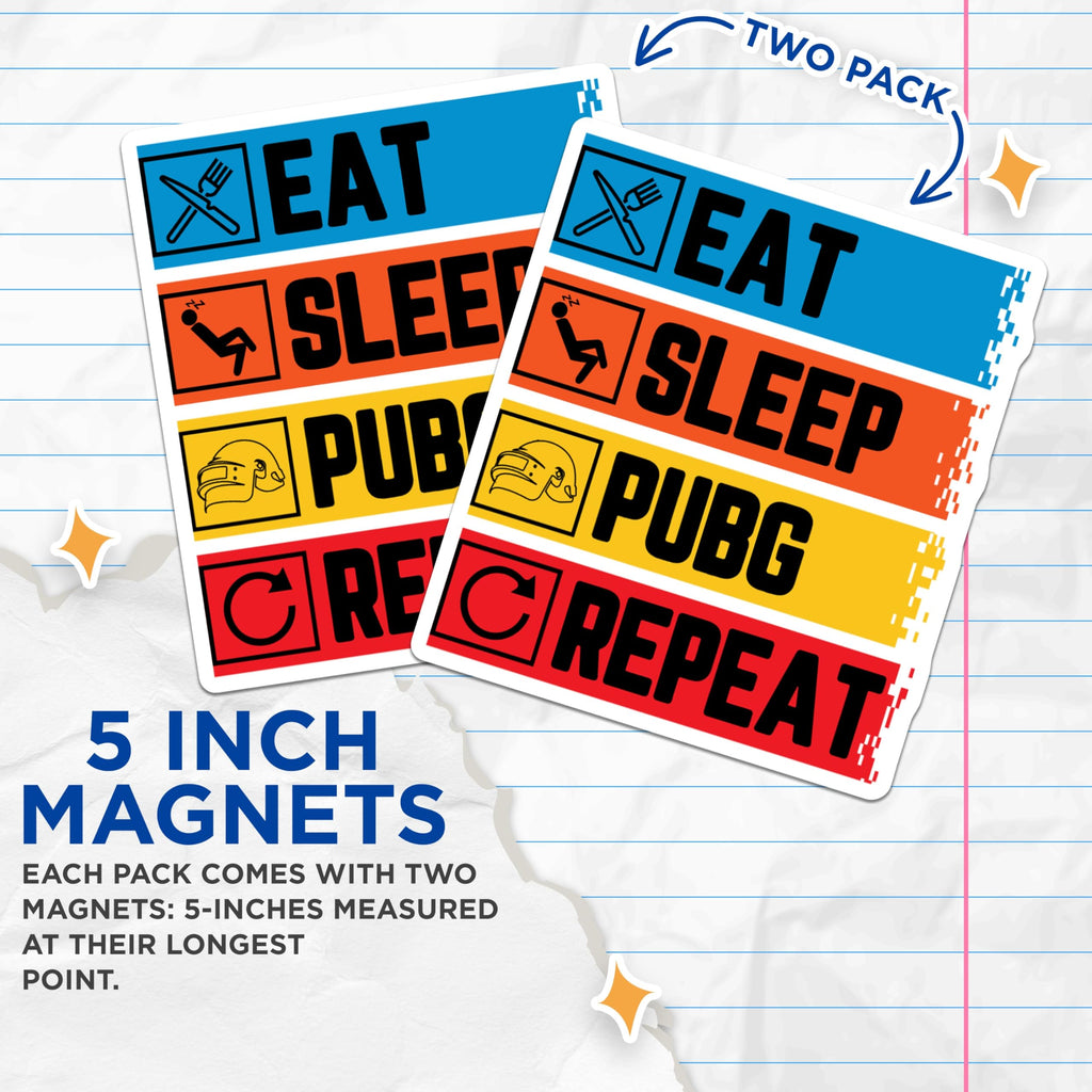 (2 Pack) PUBG Magnets - Eat Sleep Game Repeat - Player Refrigerator Decor - 5 Inches On Longest Side - Thick Durable Magnet - Made in USA - MAG20577