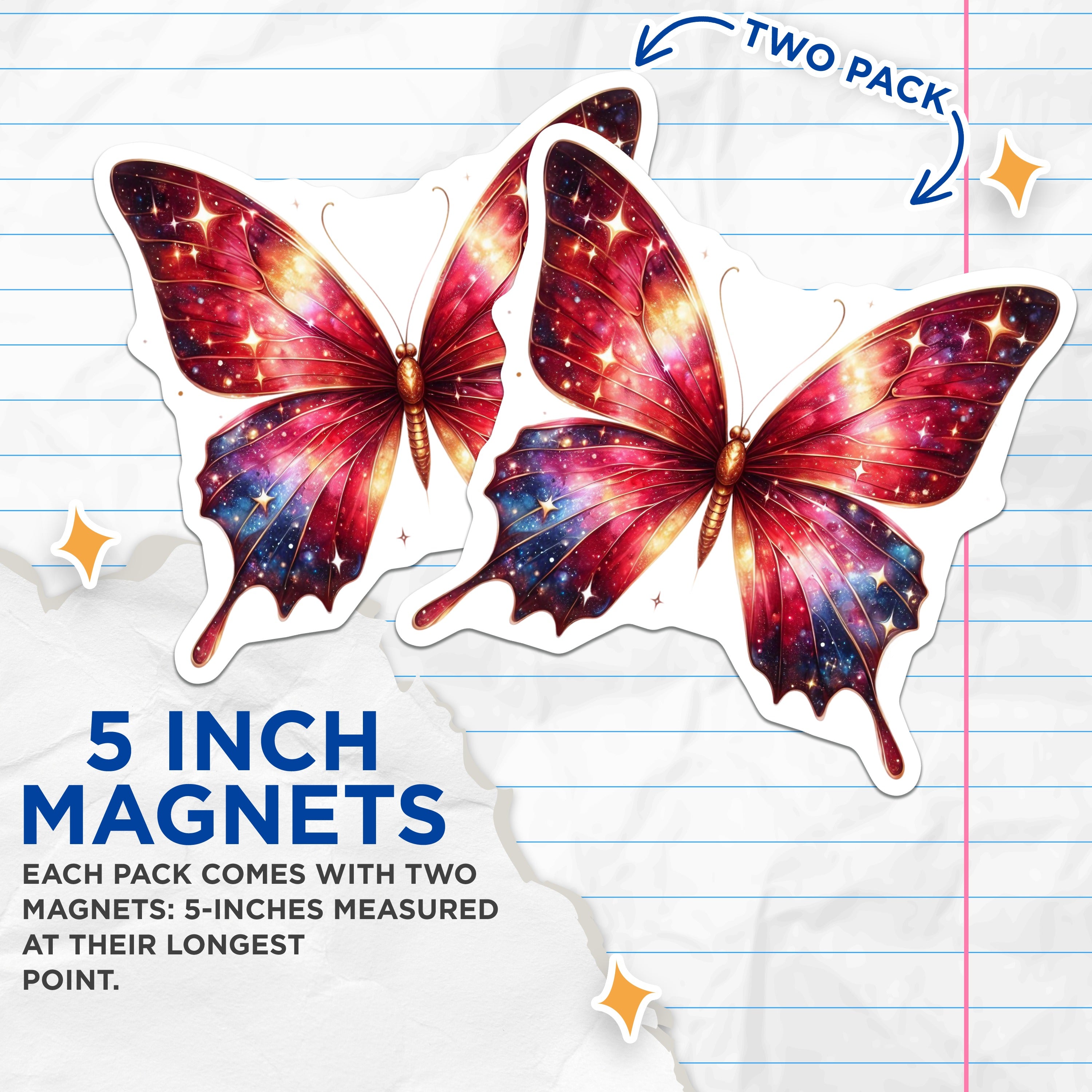 (2 Pack) Galaxy Butterfly Magnets - Cosmic Celestial Decor - Vibrant Ethereal Nature Art - 5 Inches On Longest Side - Thick Durable Magnet - Made in USA - MAG38656