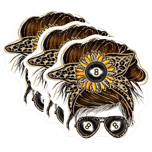 (3 Pack) Messy Bun Decals - Leopard Sunflower - Eight Ball Sunglasses - Laptop Decal - 3 Inches On Longest Side - Easy Peel & Apply - Made in USA - 3MCS4966