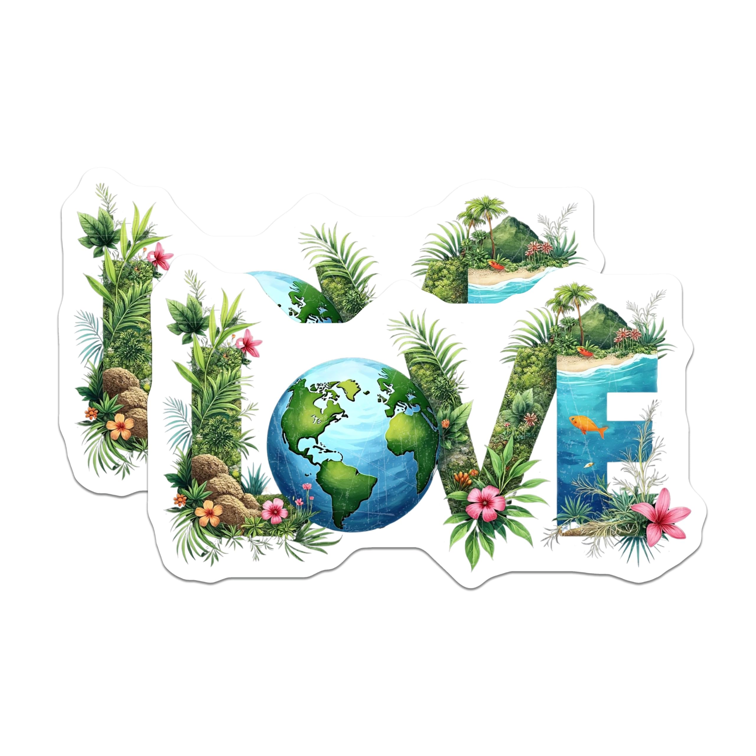 (2 Pack) Earth Love Stickers - Nature Planet Design - Environmental Message Art - 5" On Longest Side - Sticks to Smooth Flat Surfaces - Made in USA - BMCS20567