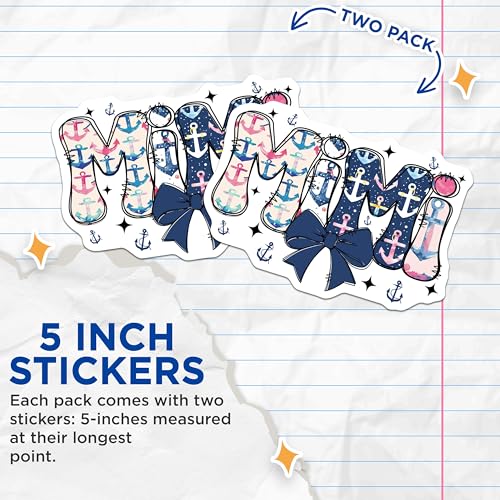 (2 Pack) Mimi Anchor Stickers - Nautical Theme - Personalized Mimi Design - 5" On Longest Side - Sticks to Smooth Flat Surfaces - Made in USA - BMCS9004