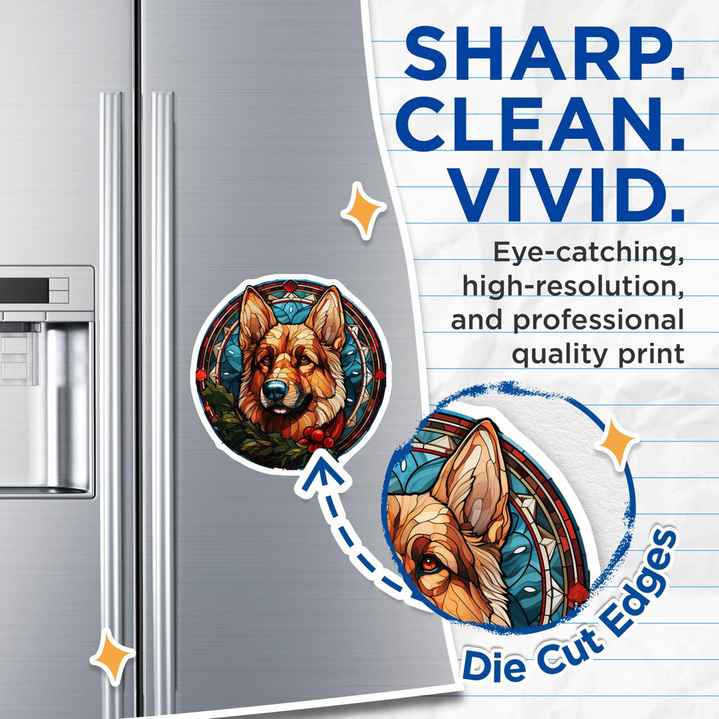 (2 Pack) German Shepherd Dog Magnets - Stained Glass Pet Art - Holiday Animal Decor - Christmas Dog Lover Present - 5 Inches On Longest Side - Thick Durable Magnet - Made in USA - MAG30610